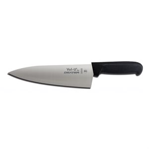 Val-U Cook's Knife, 8" wide, stamped, straight edge, DEXSTEEL™ stain free, high carbon steel, finger guard on handle, polypropylene handle, black, NSF (12 ea / bx)