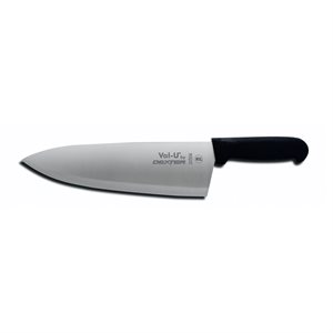 Val-U Cook's Knife, 10" wide, stamped, straight edge, DEXSTEEL™ stain free, high carbon steel, finger guard on handle, polypropylene handle, black, NSF (12 ea / bx)